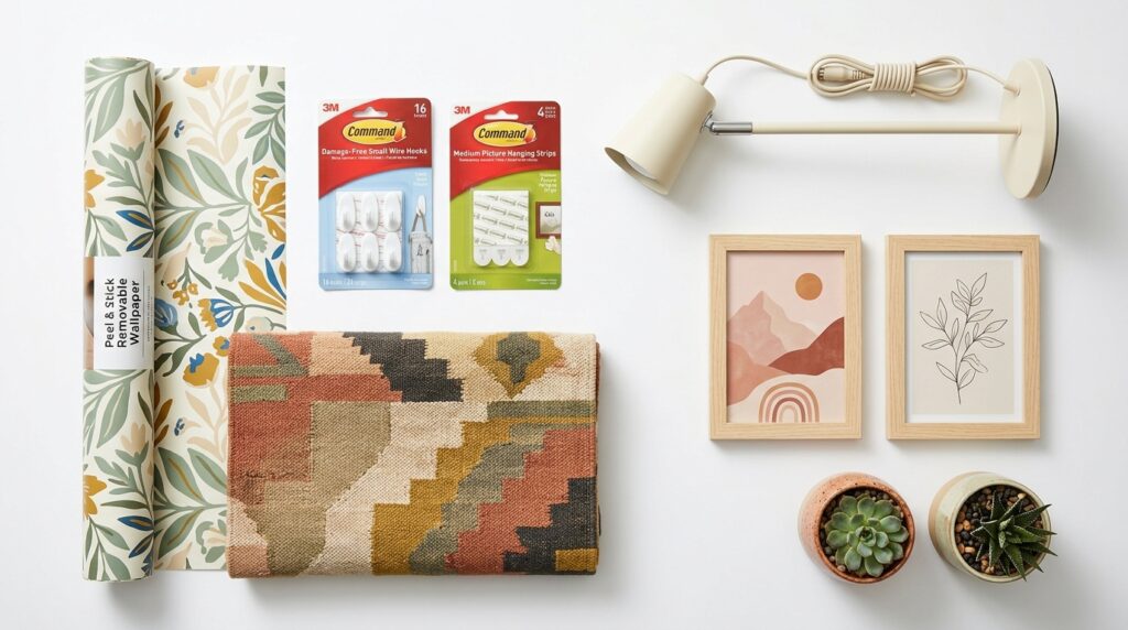 Composição estilo "flat lay" sobre um fundo branco, exibindo itens práticos para decorar sem reformas. À esquerda, rolos de papel de parede adesivo com estampa floral e botânica. Ao centro, embalagens de ganchos adesivos da marca Command (3M). À direita, uma luminária de parede articulada em tom creme. Na parte inferior, um tapete dobrado com padrões geométricos étnicos, dois quadros com moldura de madeira clara (um com paisagem abstrata e outro com desenho de folhagem) e dois pequenos vasos com plantas suculentas.