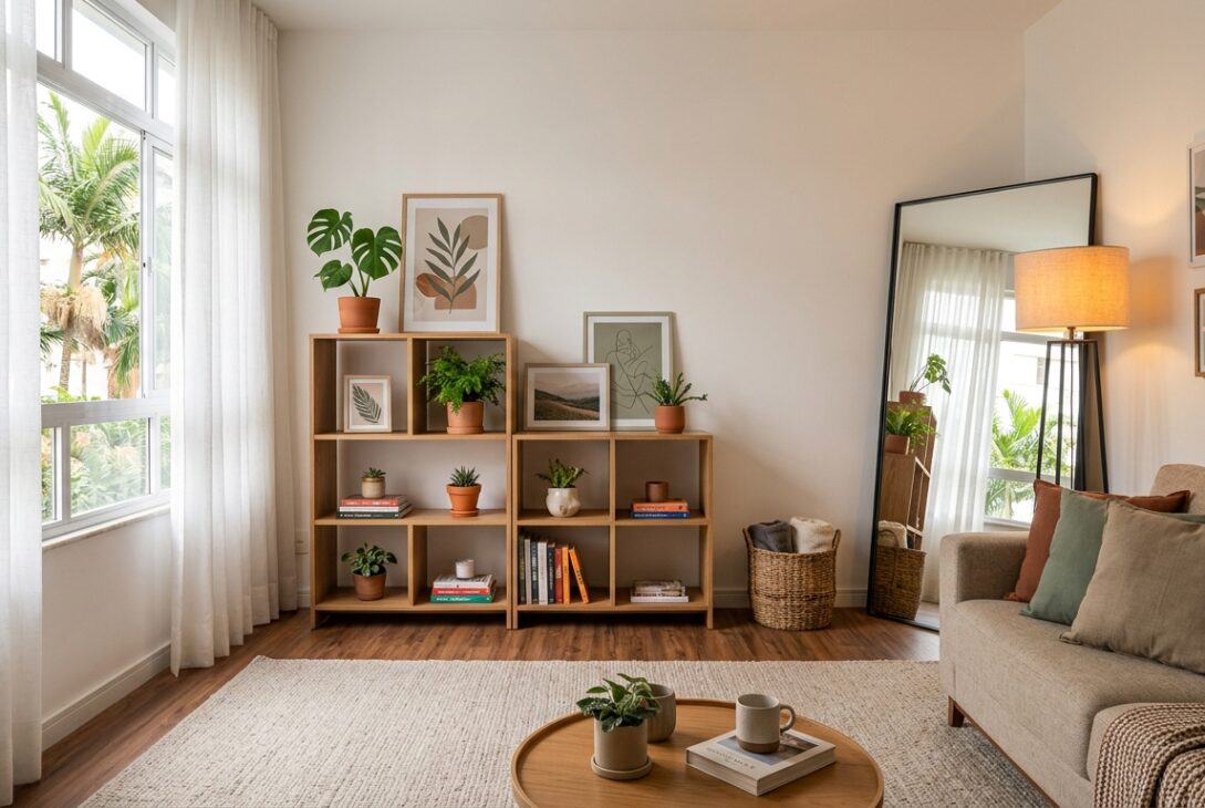 Uma sala de estar aconchegante e decorada de forma reversível. À esquerda, uma grande janela com cortinas brancas translúcidas. No centro, duas estantes baixas de madeira clara organizadas com livros, vasos de plantas (incluindo uma Costela-de-Adão) e quadros apoiados. Um grande espelho de corpo inteiro com moldura preta está encostado na parede. À direita, um sofá bege com almofadas em tons de terra e verde, iluminado por uma luminária de chão com luz quente. O piso é de madeira coberto por um tapete de trama natural clara, e no centro há uma mesa de centro redonda com uma xícara e um livro.