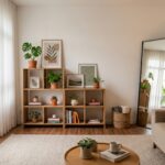 Uma sala de estar aconchegante e decorada de forma reversível. À esquerda, uma grande janela com cortinas brancas translúcidas. No centro, duas estantes baixas de madeira clara organizadas com livros, vasos de plantas (incluindo uma Costela-de-Adão) e quadros apoiados. Um grande espelho de corpo inteiro com moldura preta está encostado na parede. À direita, um sofá bege com almofadas em tons de terra e verde, iluminado por uma luminária de chão com luz quente. O piso é de madeira coberto por um tapete de trama natural clara, e no centro há uma mesa de centro redonda com uma xícara e um livro.