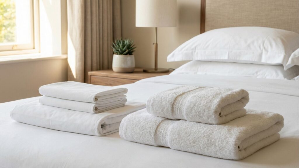 Close-up de uma cama de casal arrumada em um quarto iluminado pela luz natural. Sobre o lençol branco impecável, há dois conjuntos de toalhas brancas felpudas e lençóis extras dobrados com cuidado, simbolizando hospitalidade. Ao fundo, uma mesa de cabeceira de madeira sustenta um pequeno vaso com uma suculenta e uma luminária de abajur bege. A cena transmite uma sensação de conforto e limpeza em uma hospedagem.