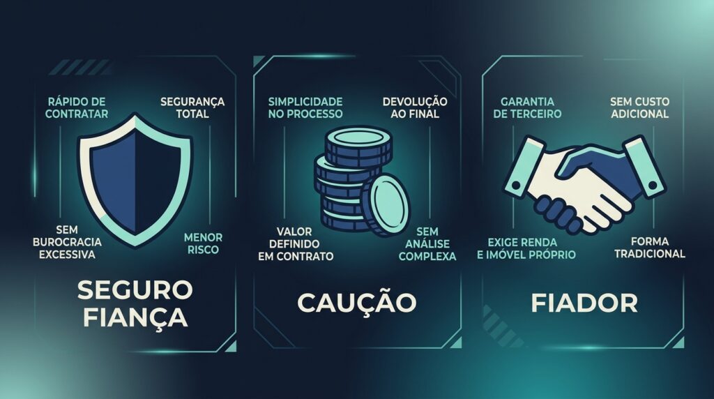 Infográfico comparativo com fundo azul escuro dividido em três colunas sobre modalidades de garantia. 1. Seguro Fiança: ilustrado por um escudo, destaca rapidez e segurança total. 2. Caução: ilustrado por uma pilha de moedas, destaca simplicidade e devolução ao final. 3. Fiador: ilustrado por um aperto de mãos, menciona ser a forma tradicional, mas que exige imóvel próprio e renda do terceiro.