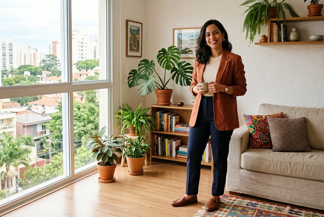 Uma mulher jovem e sorridente, com cabelos escuros, está em pé no centro de uma sala de estar acolhedora. Ela veste um blazer terracota sobre uma blusa clara e calças azuis, segurando uma caneca. A sala é decorada com muitas plantas (incluindo uma Costela-de-Adão e samambaias), uma estante de livros de madeira e um sofá bege. Uma grande janela à esquerda revela uma vista urbana arborizada, sugerindo a satisfação de estar em seu novo lar.