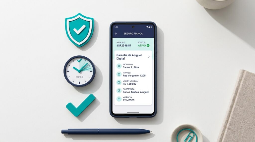 Composição em fundo claro exibindo um smartphone centralizado que mostra um aplicativo de "Seguro Fiança". Na tela, lê-se "Garantia de Aluguel Digital" com detalhes do inquilino, imóvel e valor. Ao redor do celular, há ícones 3D: um escudo azul com um check (segurança), um relógio com a palavra "Rápido" e um ícone de "check" verde. Na parte inferior, uma caneta azul marinho completa a cena, simbolizando a facilidade da contratação digital.