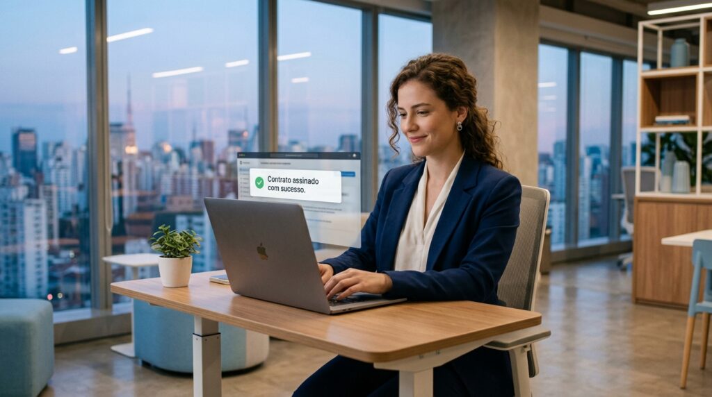 Uma mulher de cabelos cacheados e blazer azul trabalha em um laptop em um escritório moderno com conceito aberto. À sua frente, flutua uma janela digital semitransparente com a mensagem: "Contrato assinado com sucesso", acompanhada de um ícone de check verde. Ao fundo, através das grandes janelas de vidro, vê-se a paisagem urbana de uma grande cidade ao entardecer.