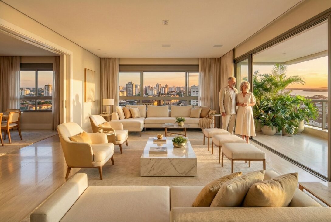 Ampla sala de estar de uma cobertura de alto padrão banhada pela luz dourada do pôr do sol. O ambiente possui móveis de design clean em tons de bege e off-white, incluindo um grande sofá em "L", poltronas e mesas de centro em mármore. Um casal de idosos elegante está em pé próximo à varanda, que é decorada com plantas tropicais exuberantes. Através das imensas portas de correr de vidro, vê-se uma vista panorâmica da cidade e de um grande corpo d'água no horizonte.