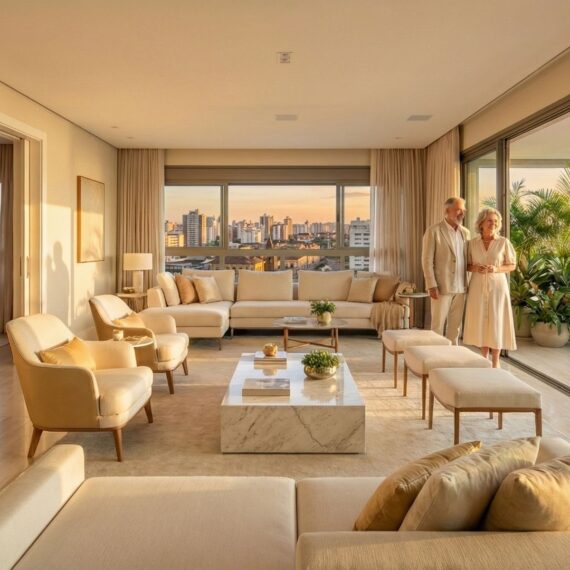 Ampla sala de estar de uma cobertura de alto padrão banhada pela luz dourada do pôr do sol. O ambiente possui móveis de design clean em tons de bege e off-white, incluindo um grande sofá em "L", poltronas e mesas de centro em mármore. Um casal de idosos elegante está em pé próximo à varanda, que é decorada com plantas tropicais exuberantes. Através das imensas portas de correr de vidro, vê-se uma vista panorâmica da cidade e de um grande corpo d'água no horizonte.