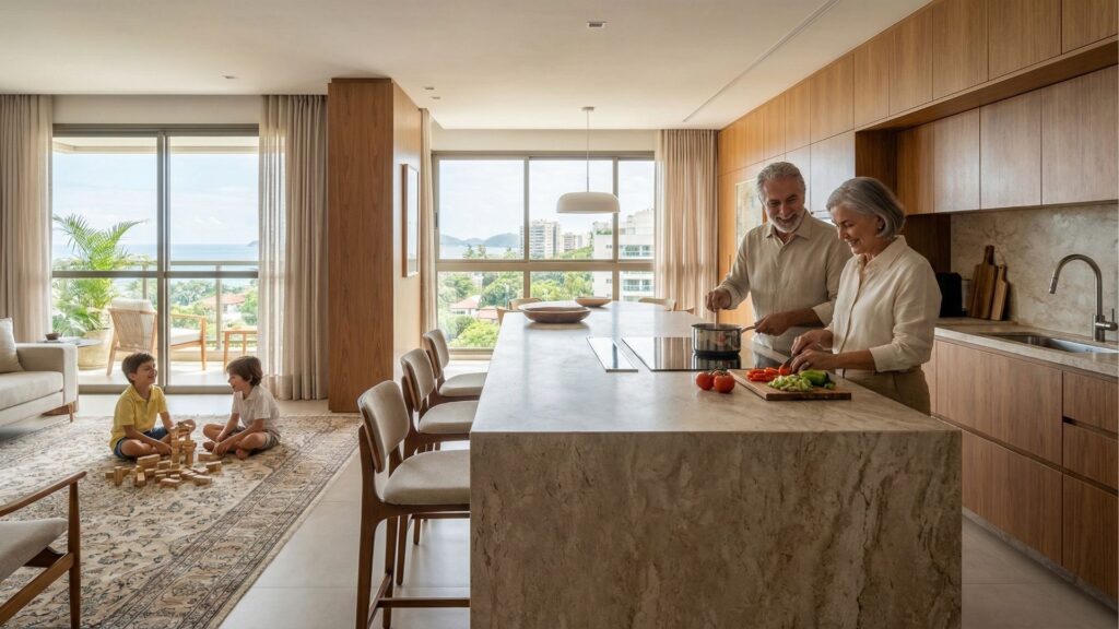 Interior de um apartamento de luxo com conceito aberto integrado. Em primeiro plano, uma ilha de cozinha em mármore claro onde um casal maduro sorridente cozinha junto. Ao fundo, no lado esquerdo, duas crianças brincam com blocos de madeira sobre um tapete clássico na sala de estar. Grandes janelas de vidro do chão ao teto revelam uma varanda com vista para o mar e para a orla arborizada da cidade sob a luz do dia.