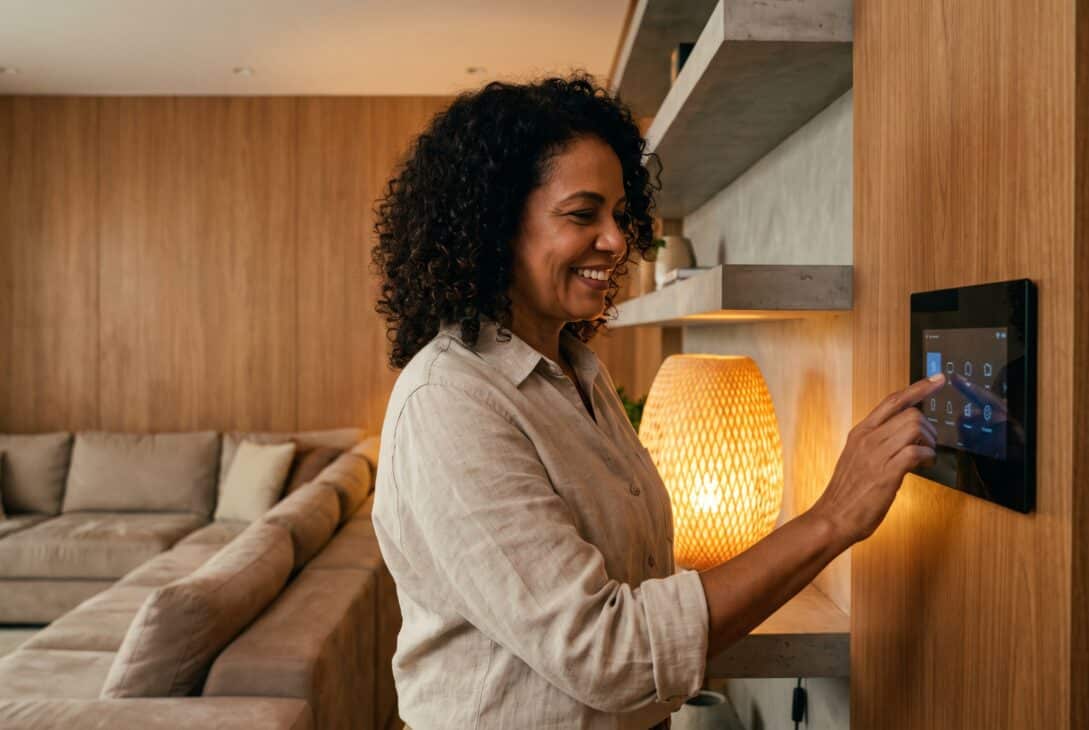 Fotografia em perfil de uma mulher sorridente de cabelos cacheados e camisa bege tocando a tela de um painel de automação residencial fixado em uma parece revestida de madeira. O ambiente é uma sala de estar aconchegante e bem iluminada, composta por uma luminária de luz quente, prateleiras e um grande sofá bege ao fundo.