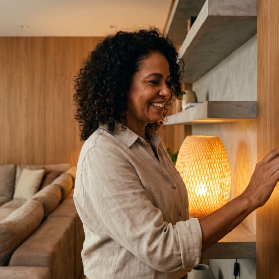 Fotografia em perfil de uma mulher sorridente de cabelos cacheados e camisa bege tocando a tela de um painel de automação residencial fixado em uma parece revestida de madeira. O ambiente é uma sala de estar aconchegante e bem iluminada, composta por uma luminária de luz quente, prateleiras e um grande sofá bege ao fundo.