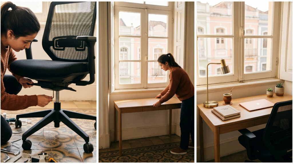 Imagem em formato de tríptico composta por três painéis verticais que mostram a montagem e organização de um home office. No painel da esquerda, uma jovem abaixa-se sobre um piso de ladrilho hidráulico decorado para ajustar o mecanismo de uma cadeira de escritório preta e ergonômica com uma chave Allen. No painel central, em plano geral, ela posiciona uma mesa de madeira clara vazia bem em frente a uma grande janela clássica de madeira branca. No painel da direita, o espaço está finalizado: a mesa de madeira exibe um notebook aberto, um caderno de planejamento, pequenos vasos de suculentas, uma luminária dourada e uma cuia de chimarrão, com a cadeira preta posicionada ao lado.