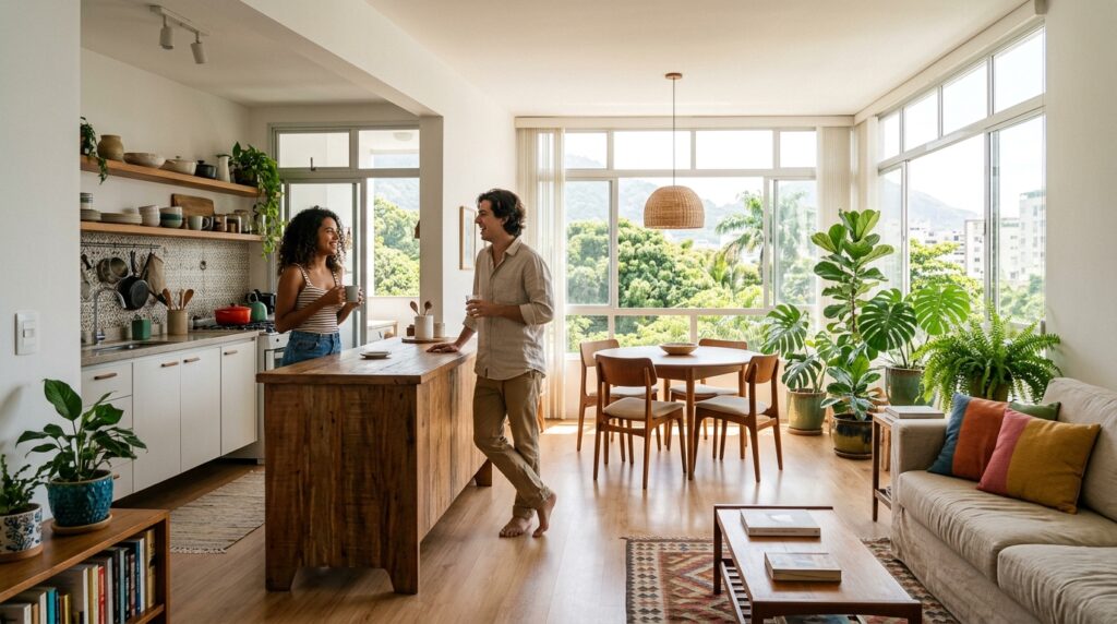 Uma fotografia de ângulo amplo capturando um apartamento de conceito aberto. No centro, um casal sorridente interage ao redor de uma ilha de cozinha de madeira maciça; o homem, descalço, segura uma caneca e está de costas para a janela, enquanto a mulher segura uma xícara em frente ao backsplash de azulejos estampados da cozinha. À esquerda, a cozinha possui armários brancos e prateleiras de madeira abertas repletas de plantas e cerâmicas. No fundo, janelas altas do chão ao teto iluminam uma mesa de jantar redonda de madeira com quatro cadeiras e um pendente de vime. À direita, a sala de estar apresenta um sofá cinza com almofadas coloridas sobre um tapete estampado geométrico. O piso é de madeira clara e o espaço está cheio de plantas, incluindo uma grande figueira-lira e uma costela-de-adão perto da janela, criando uma atmosfera boêmia e aconchegante. A vista externa mostra árvores densas e o horizonte da cidade.