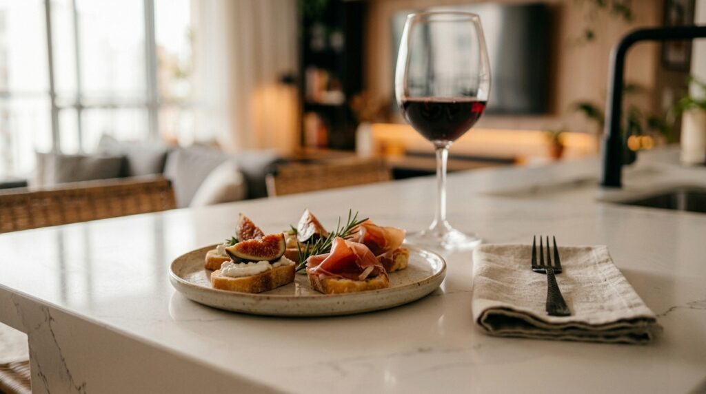 Um plano detalhado em close-up mostrando um prato de aperitivos gourmet sobre uma bancada de quartzo branca. Quatro fatias de bruschetta estão organizadas em um prato de cerâmica artesanal: duas cobertas com queijo stracciatella, figos frescos e alecrim, e duas com fatias finas de presunto de parma dobrado. Atrás do prato, uma taça de vinho tinto está cheia, pronta para ser servida. À direita, um guardanapo de linho bege e um garfo de metal escuro descansam na bancada. O fundo está suavemente desfocado (bokeh), revelando um ambiente de cozinha e estar integrado com cadeiras de vime, uma prateleira de livros, uma luminária pendente e a luz natural de uma janela grande. A profundidade de campo rasa foca nos petiscos e no vinho.