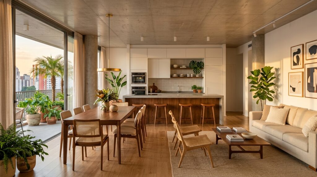 Uma fotografia de ângulo amplo capturando um apartamento moderno e espaçoso de conceito aberto com teto de concreto exposto e piso de madeira. A imagem mostra uma transição contínua entre três áreas principais: a varanda à esquerda com portas de correr de vidro e muitos vasos de plantas sob a luz do pôr do sol, uma longa mesa de jantar de madeira com cadeiras de palha sob um pendente dourado, e a área da cozinha central com uma longa ilha de concreto e madeira, banquetas de couro e armários minimalistas. À direita, a sala de estar apresenta um sofá bege, poltronas de madeira e palha, uma mesa de centro com livros e quatro obras de arte abstrata emolduradas na parede. O espaço é iluminado por luzes de trilho e possui várias plantas grandes, incluindo uma Monstera na cozinha e uma figueira-lira na sala de estar, criando uma sensação de elegância moderna e natural.