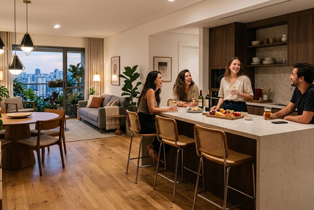 Uma fotografia de ângulo médio capturando quatro amigos em uma noite aconchegante e animada dentro de um apartamento de conceito aberto. O grupo está reunido ao redor de uma grande ilha de cozinha de quartzo branca. Três mulheres e um homem estão rindo e interagindo; duas mulheres estão sentadas em banquetas de palha com copos de vinho tinto, enquanto o homem segura um copo de cerveja e outra mulher em pé segura um copo de vinho branco. Sobre a ilha, há uma tábua de queijos e aperitivos ao lado de garrafas de vinho. Ao fundo, a cozinha apresenta armários de madeira escura e prateleiras abertas com cerâmicas. À esquerda, a sala de estar integrada mostra um sofá cinza com almofadas, uma mesa de jantar redonda de madeira com cadeiras de palha e pendentes geométricos, e uma Monstera grande perto da janela de vidro do chão ao teto que se abre para uma varanda iluminada com vista noturna da cidade. O piso de madeira clara e a iluminação quente criam uma atmosfera acolhedora e social.