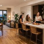 Uma fotografia de ângulo médio capturando quatro amigos em uma noite aconchegante e animada dentro de um apartamento de conceito aberto. O grupo está reunido ao redor de uma grande ilha de cozinha de quartzo branca. Três mulheres e um homem estão rindo e interagindo; duas mulheres estão sentadas em banquetas de palha com copos de vinho tinto, enquanto o homem segura um copo de cerveja e outra mulher em pé segura um copo de vinho branco. Sobre a ilha, há uma tábua de queijos e aperitivos ao lado de garrafas de vinho. Ao fundo, a cozinha apresenta armários de madeira escura e prateleiras abertas com cerâmicas. À esquerda, a sala de estar integrada mostra um sofá cinza com almofadas, uma mesa de jantar redonda de madeira com cadeiras de palha e pendentes geométricos, e uma Monstera grande perto da janela de vidro do chão ao teto que se abre para uma varanda iluminada com vista noturna da cidade. O piso de madeira clara e a iluminação quente criam uma atmosfera acolhedora e social.