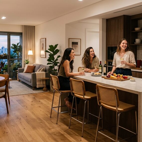 Uma fotografia de ângulo médio capturando quatro amigos em uma noite aconchegante e animada dentro de um apartamento de conceito aberto. O grupo está reunido ao redor de uma grande ilha de cozinha de quartzo branca. Três mulheres e um homem estão rindo e interagindo; duas mulheres estão sentadas em banquetas de palha com copos de vinho tinto, enquanto o homem segura um copo de cerveja e outra mulher em pé segura um copo de vinho branco. Sobre a ilha, há uma tábua de queijos e aperitivos ao lado de garrafas de vinho. Ao fundo, a cozinha apresenta armários de madeira escura e prateleiras abertas com cerâmicas. À esquerda, a sala de estar integrada mostra um sofá cinza com almofadas, uma mesa de jantar redonda de madeira com cadeiras de palha e pendentes geométricos, e uma Monstera grande perto da janela de vidro do chão ao teto que se abre para uma varanda iluminada com vista noturna da cidade. O piso de madeira clara e a iluminação quente criam uma atmosfera acolhedora e social.