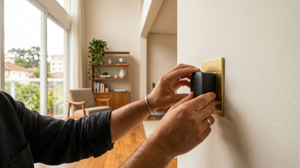 Foto em primeiro plano e ângulo lateral das mãos de um homem instalando um plugue de tomada inteligente preto em um espelho de tomada com acabamento dourado em uma parede branca. Ele usa uma pulseira de metal prata no pulso esquerdo e uma aliança de casamento no dedo anelar direito. O plano de fundo está desfocado, revelando uma sala de estar ampla e iluminada, com piso de madeira, uma poltrona, uma estante de livros ao fundo adornada com plantas pendentes e uma grande porta de vidro que se abre para uma área externa arborizada.