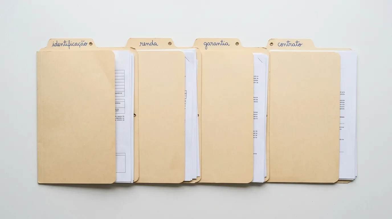 Visão superior, plana e minimalista sobre um fundo totalmente branco de quatro pastas de arquivo de papel pardo dispostas em uma linha horizontal perfeita. Cada pasta contém um calhamaço de folhas de papel em branco e possui uma aba divisória saliente no topo. Em cada uma dessas abas, há uma palavra organizadora escrita à mão em caligrafia cursiva com tinta azul-escura. Da esquerda para a direita, as pastas estão etiquetadas como: "identificação", "renda", "garantia" e "contrato", ilustrando o passo a passo da organização de documentos para locação imobiliária.
