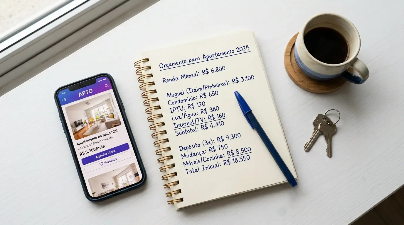 Vista superior de uma mesa branca onde estão organizados itens de planejamento financeiro. À esquerda, um smartphone exibe um aplicativo imobiliário com o anúncio de um "Apartamento no Itaim Bibi" por R$ 3.300/mês. No centro, um caderno espiral aberto traz anotações manuais em azul com o título "Orçamento para Apartamento 2024", detalhando uma "Renda Mensal: R$ 6.800", despesas fixas (como aluguel, condomínio, IPTU e contas que somam um subtotal de R$ 4.410) e custos iniciais (como depósito de 3 meses, mudança e móveis, totalizando R$ 18.550). Uma caneta esferográfica azul está sobre o caderno. À direita, completam a cena uma xícara de café preto sobre um apoio de madeira e duas chaves de metal.