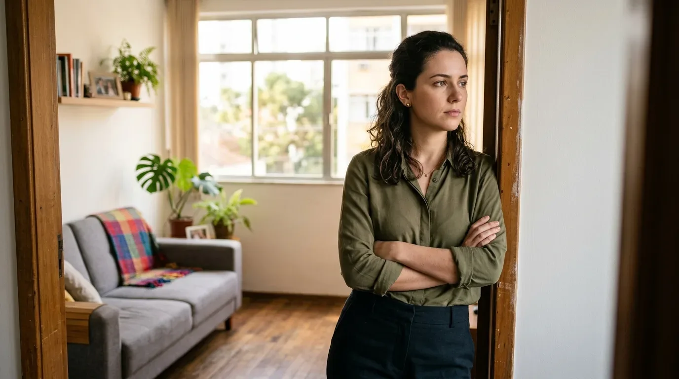 Foto em plano médio de uma mulher de cabelos escuros ondulados, vestindo uma camisa verde-oliva e calça escura. Ela está de pé, encostada no batente de madeira de uma porta, com os braços cruzados e uma expressão séria, reflexiva ou preocupada, olhando fixamente para fora do enquadramento. Ao fundo, vê-se uma sala de estar aconchegante com um sofá cinza decorado com uma manta xadrez colorida, prateleiras de madeira com livros e vasos de plantas de interior (incluindo uma costela-de-adão) sob a luz suave que entra por uma grande janela ao fundo.