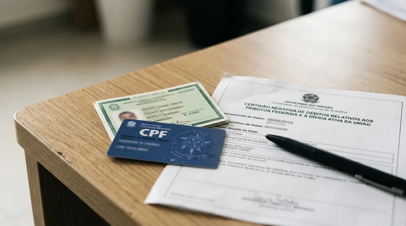Foto em primeiro plano e ângulo fechado do canto de uma mesa de madeira clara. Sobre ela, estão dispostos documentos oficiais brasileiros necessários para verificação jurídica: uma carteira de identidade verde (RG) plastificada, um cartão azul de CPF com o brasão da República e uma folha impressa do Governo do Brasil intitulada "CERTIDÃO NEGATIVA DE DÉBITOS RELATIVOS AOS TRIBUTOS FEDERAIS E À DÍVIDA ATIVA DA UNIÃO". Uma caneta esferográfica preta está deitada sobre o papel em diagonal, e o fundo da imagem apresenta um desfoque suave.
