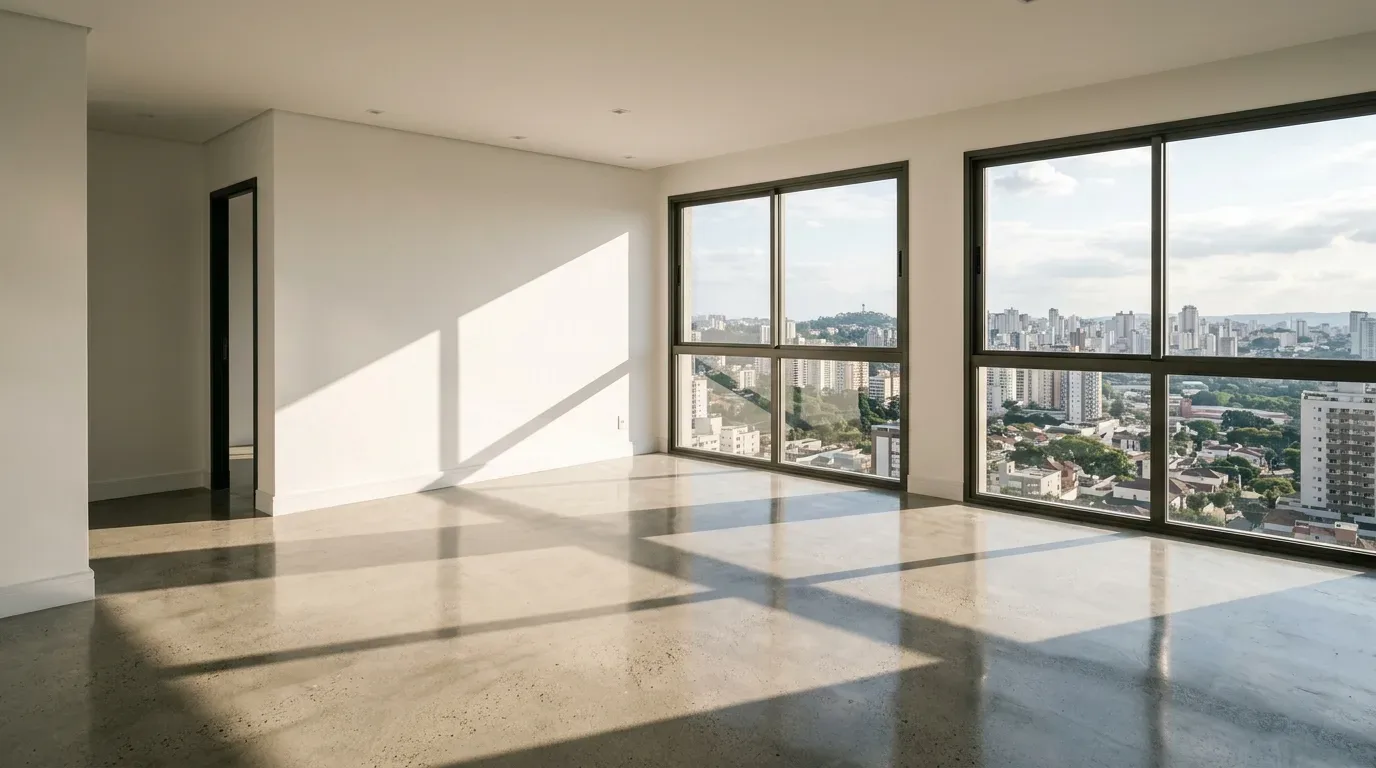 O interior amplo e completamente vazio de um apartamento de alto padrão recém-construído. O ambiente destaca-se pelo piso de concreto polido espelhado, que reflete intensamente a luz natural. Duas imensas janelas de correr com esquadrias escuras ocupam a parede principal, projetando sombras geométricas nítidas no chão e nas paredes brancas lisas. Através dos vidros, há uma vista panorâmica, limpa e elevada de uma grande cidade com densos blocos de edifícios, arranha-céus e áreas verdes sob um céu parcialmente nublado. À esquerda, uma abertura de porta aberta dá acesso a outro cômodo do imóvel.