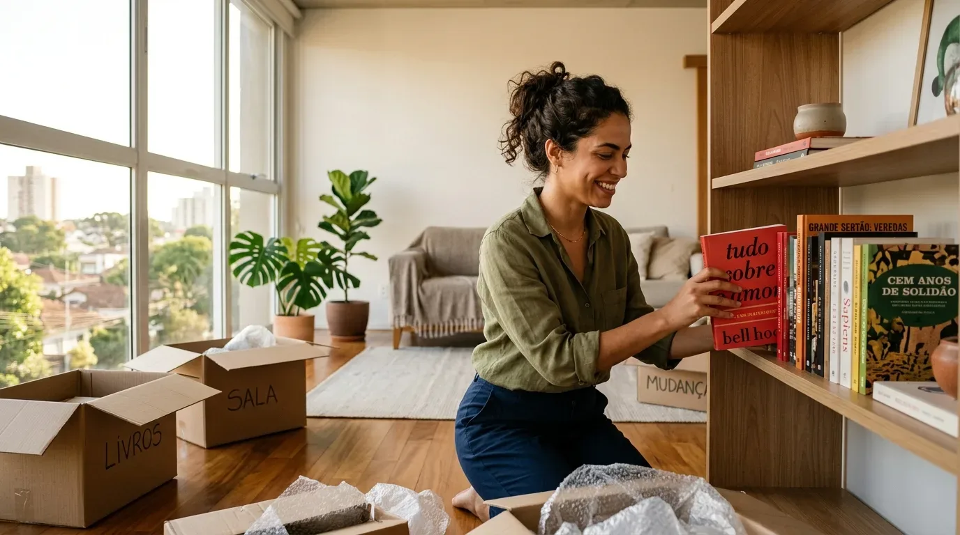 Uma jovem mulher de cabelos cacheados presos em um coque aparece sorrindo de perfil, ajoelhada no chão de madeira laminada de sua nova sala de estar enquanto organiza livros em uma estante de madeira clara. Ela segura um livro de capa vermelha com o título "tudo sobre o amor" de bell hooks. Ao seu redor no chão, há várias caixas de papelão de mudança abertas com plástico-bolha, com os nomes escritos "LIVROS" e "SALA". Ao fundo, grandes janelas de vidro revelam a iluminação do dia e vasos com plantas como a costela-de-adão e uma figueira-lira.