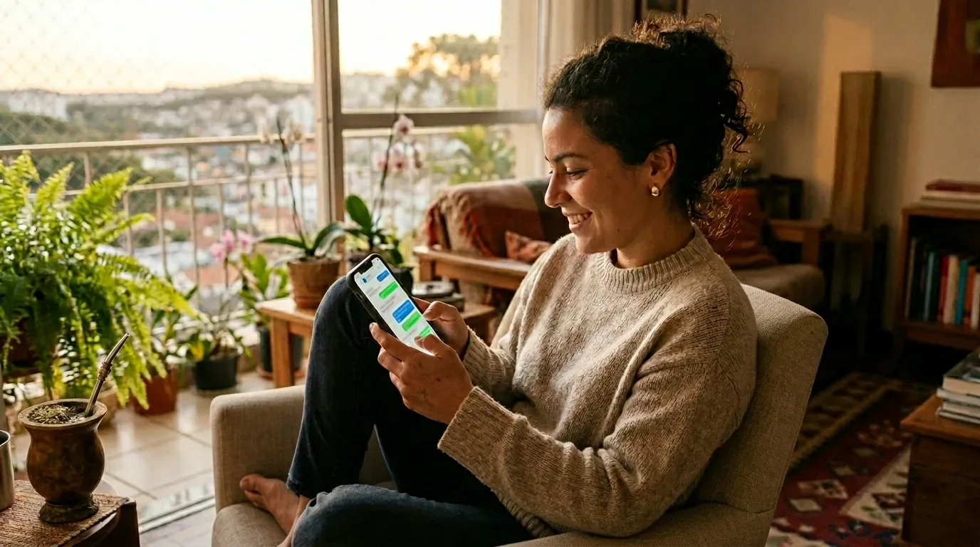 Uma jovem de cabelos cacheados presos em um coque alto e vestindo um suéter de linha cinza está sentada de forma descontraída em uma poltrona de tecido, sorrindo calorosamente ao olhar para a tela de seu smartphone, que mostra uma conversa por mensagens de texto. A sala está imersa na luz dourada do pôr do sol. À esquerda, a porta de correr aberta dá acesso a uma sacada repleta de plantas verdes exuberantes, como samambaias e orquídeas, com vista para o horizonte da cidade. No canto inferior esquerdo, uma cuia de chimarrão tradicional repousa sobre uma pequena mesa de apoio.