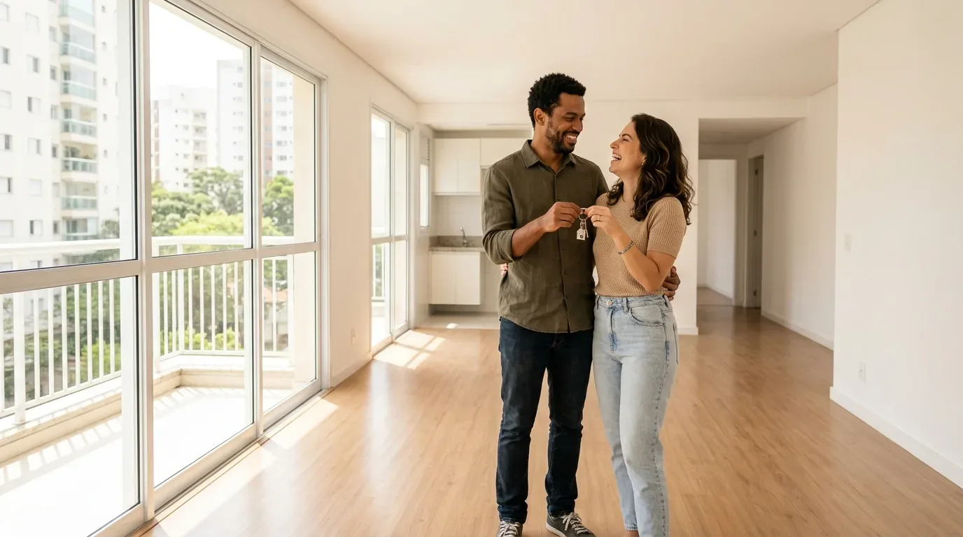 Um casal jovem — um homem negro de camisa verde-oliva e uma mulher de camiseta bege e calça jeans — está de pé no centro de um apartamento amplo e totalmente vazio. Eles se olham, sorrindo e rindo com cumplicidade, enquanto seguram juntos um molho de chaves com um pequeno chaveiro em formato de casinha. O ambiente possui piso de madeira laminada clara e paredes brancas com forte iluminação natural. À esquerda, grandes portas de correr de vidro dão acesso a uma varanda com vista para prédios residenciais e árvores, e uma pequena cozinha com armários brancos é visível ao fundo.