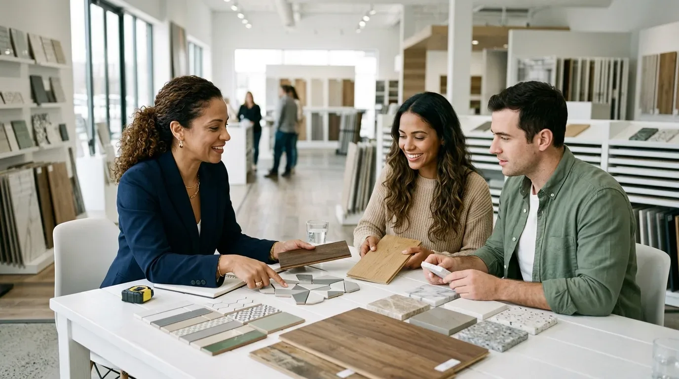 Uma reunião de especificação de acabamentos dentro de um amplo showroom de materiais de construção. À esquerda da mesa branca, uma especialista de blazer azul-marinho sorri enquanto aponta para uma composição de pastilhas cerâmicas em formato geométrico cinza. À direita, o jovem casal escolhe os revestimentos para o novo imóvel: a mulher segura uma tábua de piso laminado de madeira clara, e o homem, vestindo camisa verde sobre camiseta branca, avalia uma pequena placa de quartzo ou mármore branco. A mesa está repleta de mostruários de pedras, porcelanatos coloridos, diferentes tipos de madeira e uma trena amarela de medição.