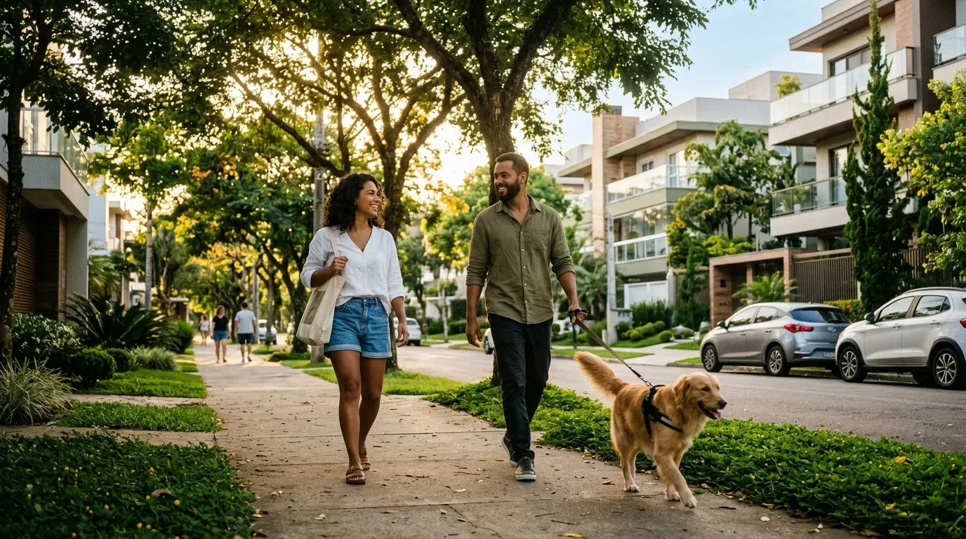 Foto ensolarada em plano médio de um casal caminhando alegremente pela calçada de uma rua residencial tranquila e arborizada, ladeada por prédios e casas de arquitetura moderna. À esquerda, a mulher de cabelos cacheados veste uma blusa branca, shorts jeans e carrega uma ecobag de lona. No centro, o homem de camisa verde-oliva e calça escura caminha ao lado dela enquanto segura a guia de um cachorro Golden Retriever, que anda feliz em primeiro plano. A luz do sol da tarde passa entre a copa das árvores, criando um clima acolhedor.