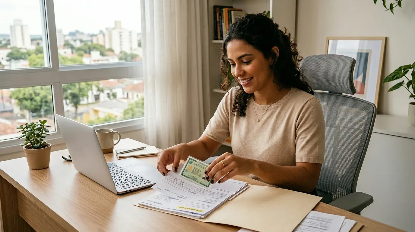 Uma mulher sorridente de cabelos cacheados e compridos está sentada em uma mesa de escritório de madeira clara, em um ambiente doméstico bem iluminado. Ela veste uma camiseta bege e segura uma carteira de identidade brasileira (RG, documento verde) sobre folhas de papel impressas organizadas dentro de uma pasta parda. Na mesa ergonômica, há um notebook aberto (estilo MacBook prateado), uma caneca de cerâmica, um pequeno caderno aberto com uma caneta e um vaso de concreto com uma planta suculenta. Ao fundo, uma grande janela revela a vista panorâmica de uma cidade arborizada sob a luz do dia.