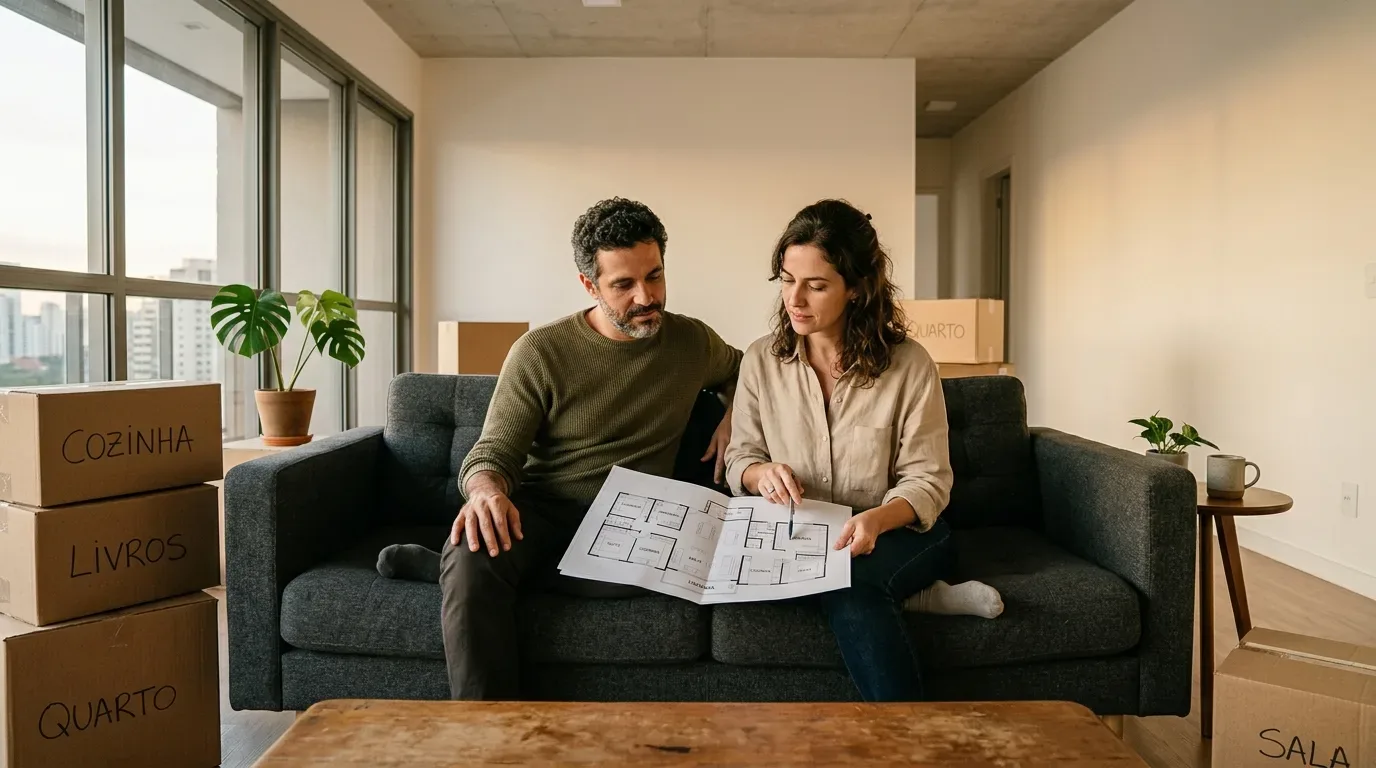 Um casal está sentado em um sofá cinza em um apartamento novo e vazio, cercado por caixas de mudança de papelão empilhadas. Eles estão olhando atentamente para uma planta baixa (blueprint) que a mulher segura, enquanto ela aponta para um cômodo. O homem observa. As caixas de papelão ao redor deles estão rotuladas em português: "COZINHA", "LIVROS", "QUARTO" e "SALA". Grandes janelas de vidro do chão ao teto estão atrás deles com vista para a cidade, e vasos de plantas, como uma Costela-de-Adão, estão no chão.