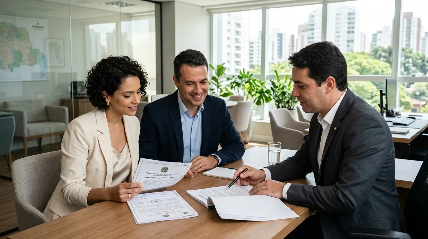 Um casal sorridente está sentado do lado esquerdo de uma mesa de reunião em um escritório moderno, conversando com um profissional do lado direito. A mulher, usando um blazer creme, analisa um documento oficial com o título "MATRÍCULA DE IMÓVEL". O homem, vestindo paletó azul-marinho sobre camisa clara, acompanha a explicação. O profissional, de terno cinza, usa uma caneta preta para apontar para um contrato aberto sobre a mesa de madeira. Ao fundo, grandes janelas de vidro revelam uma vista panorâmica com prédios e copas de árvores sob a luz do dia.