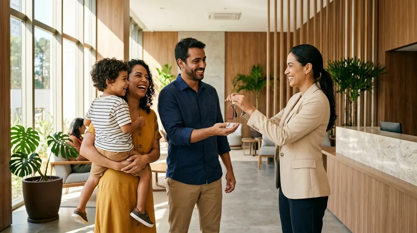 Em um refinado hall de entrada ou estande de vendas com decoração em madeira e balcão de mármore, uma consultora imobiliária de blazer bege e cabelos presos sorri ao fazer a entrega das chaves para uma família. Ela estende a mão entregando um chaveiro de couro marrom para o pai, que veste camisa azul e calça cáqui e exibe um grande sorriso de satisfação. Ao lado dele, a esposa usa um vestido mostarda e dá uma gargalhada alegre enquanto carrega no colo o filho pequeno do casal, um menino de camiseta listrada que também ri muito. O espaço é cercado por amplas paredes de vidro e vasos com plantas como a costela-de-adão.