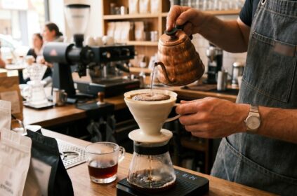m primeiro plano, os braços de um barista vestindo avental de jeans escuro e relógio prateado enquanto prepara um café filtrado. Ele segura uma chaleira de cobre texturizada com bico de ganso, despejando água quente sobre um suporte de filtro de cerâmica branca. O conjunto está posicionado sobre uma jarra de vidro que descansa em uma balança digital preta instalada no balcão de madeira. Na bancada, há um copo de vidro com café e embalagens de café em grãos com a palavra "ETHIOPIA" visível. O fundo traz a atmosfera intencionalmente desfocada de uma cafeteria com clientes ao fundo.