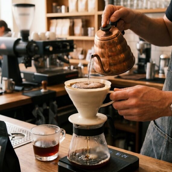 m primeiro plano, os braços de um barista vestindo avental de jeans escuro e relógio prateado enquanto prepara um café filtrado. Ele segura uma chaleira de cobre texturizada com bico de ganso, despejando água quente sobre um suporte de filtro de cerâmica branca. O conjunto está posicionado sobre uma jarra de vidro que descansa em uma balança digital preta instalada no balcão de madeira. Na bancada, há um copo de vidro com café e embalagens de café em grãos com a palavra "ETHIOPIA" visível. O fundo traz a atmosfera intencionalmente desfocada de uma cafeteria com clientes ao fundo.
