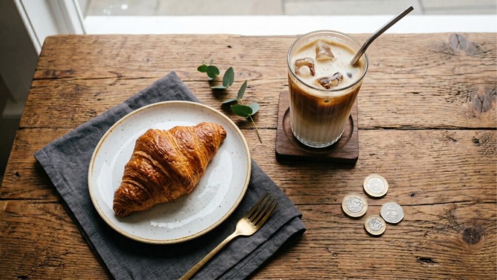 Uma vista superior de uma mesa de madeira rústica e texturizada. À esquerda, um prato de cerâmica branca com um croissant dourado e folhado repousa sobre um guardanapo de linho cinza-escuro, acompanhado por um garfo dourado. No centro, há um pequeno ramo de eucalipto decorativo. À direita, um copo de vidro alto exibe um café gelado em camadas nítidas de leite e café expresso, apoiado sobre uma bolacha quadrada de madeira escura com um canudo de metal prata. Quatro moedas estão espalhadas sobre a mesa, logo abaixo do copo.