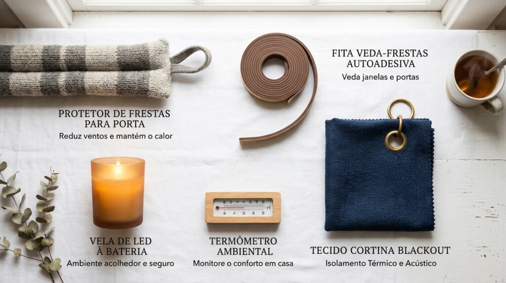 Imagem em estilo flat lay (vista de cima) mostrando seis itens organizados sobre um fundo de tecido branco, acompanhados de legendas em letras maiúsculas pretas explicativas em português. No topo esquerdo, um protetor de frestas para porta em tecido listrado cinza. No topo central, um rolo de fita veda-frestas autoadesiva marrom. No topo direito, uma caneca branca com chá escuro e uma colher. Na parte inferior esquerda, uma vela de LED acesa dentro de um copo de vidro âmbar, ao lado de um ramo seco de eucalipto. No centro inferior, um termômetro ambiental analógico moldurado em madeira clara. Na parte inferior direita, um pedaço dobrado de tecido de cortina blackout azul-marinho com ilhós dourados.