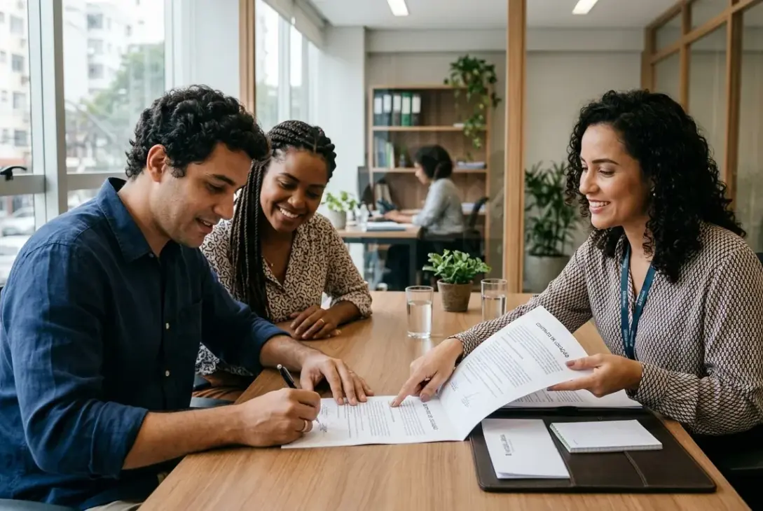 Em um escritório de imobiliária moderno com divisórias de madeira e vidro, um homem e uma mulher negra com cabelos trançados estão sentados de um lado de uma mesa de reunião assinando papéis. O homem, de camisa azul-escura, usa uma caneta para assinar a última folha de um contrato. A mulher ao seu lado observa e sorri com entusiasmo. Do outro lado da mesa, uma corretora ou atendente de cabelo cacheado e blazer estampado segura o topo do documento e aponta com o dedo indicador para a linha de assinatura, exibindo uma expressão acolhedora. Sobre a mesa também há copos de água, um pequeno vaso de planta e uma pasta organizadora de couro com um bloco de notas. (como alugar um apartamento em pelotas)