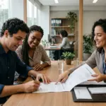 Em um escritório de imobiliária moderno com divisórias de madeira e vidro, um homem e uma mulher negra com cabelos trançados estão sentados de um lado de uma mesa de reunião assinando papéis. O homem, de camisa azul-escura, usa uma caneta para assinar a última folha de um contrato. A mulher ao seu lado observa e sorri com entusiasmo. Do outro lado da mesa, uma corretora ou atendente de cabelo cacheado e blazer estampado segura o topo do documento e aponta com o dedo indicador para a linha de assinatura, exibindo uma expressão acolhedora. Sobre a mesa também há copos de água, um pequeno vaso de planta e uma pasta organizadora de couro com um bloco de notas. (como alugar um apartamento em pelotas)