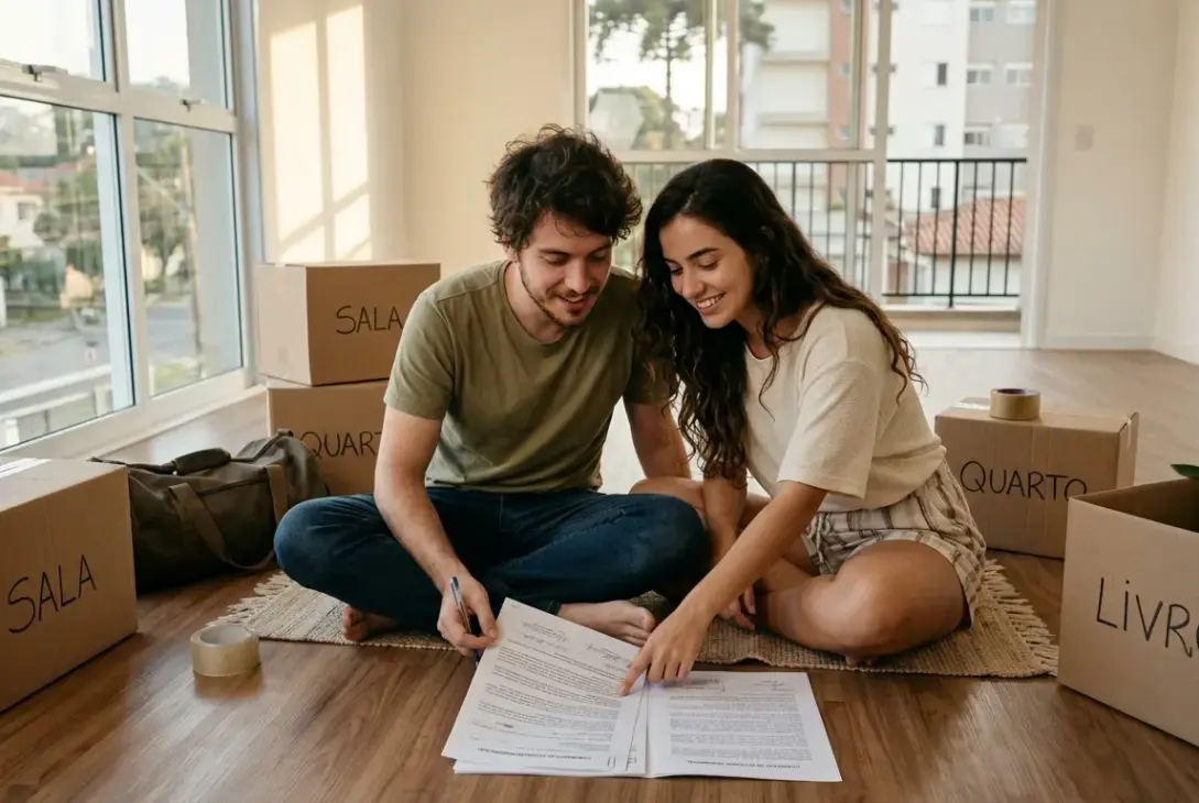 Um jovem casal está sentado de pernas cruzadas sobre um pequeno tapete no chão de madeira laminada de um apartamento recém-alugado e vazio. O homem, de camiseta verde e calça jeans, segura uma caneta, enquanto a mulher, de blusa clara e shorts, aponta sorridente para uma das cláusulas de um contrato de locação aberto no chão à frente deles. Eles estão cercados por caixas de papelão de mudança fechadas com fita adesiva e marcadas com as inscrições em pincel atômico "SALA", "QUARTO" e "LIVROS". Ao fundo, grandes janelas de vidro revelam uma sacada e a vista externa de um bairro residencial. (primeiro aluguel pelotas)