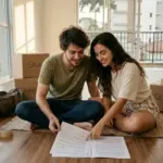 Um jovem casal está sentado de pernas cruzadas sobre um pequeno tapete no chão de madeira laminada de um apartamento recém-alugado e vazio. O homem, de camiseta verde e calça jeans, segura uma caneta, enquanto a mulher, de blusa clara e shorts, aponta sorridente para uma das cláusulas de um contrato de locação aberto no chão à frente deles. Eles estão cercados por caixas de papelão de mudança fechadas com fita adesiva e marcadas com as inscrições em pincel atômico "SALA", "QUARTO" e "LIVROS". Ao fundo, grandes janelas de vidro revelam uma sacada e a vista externa de um bairro residencial. (primeiro aluguel pelotas)