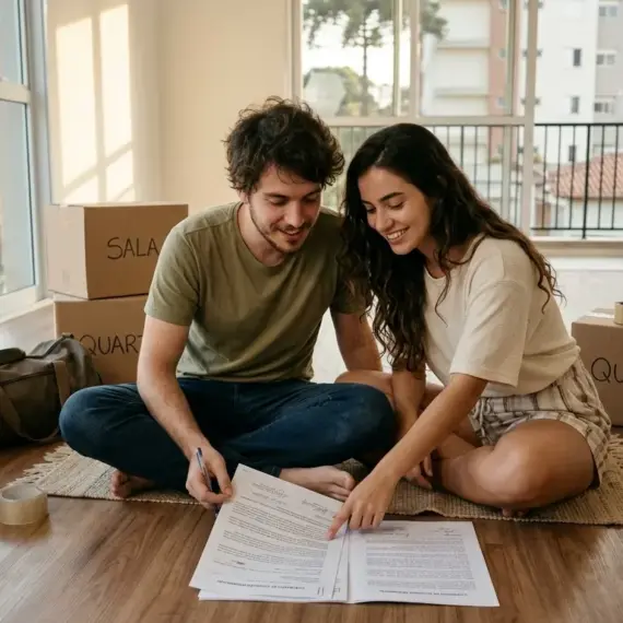 Um jovem casal está sentado de pernas cruzadas sobre um pequeno tapete no chão de madeira laminada de um apartamento recém-alugado e vazio. O homem, de camiseta verde e calça jeans, segura uma caneta, enquanto a mulher, de blusa clara e shorts, aponta sorridente para uma das cláusulas de um contrato de locação aberto no chão à frente deles. Eles estão cercados por caixas de papelão de mudança fechadas com fita adesiva e marcadas com as inscrições em pincel atômico "SALA", "QUARTO" e "LIVROS". Ao fundo, grandes janelas de vidro revelam uma sacada e a vista externa de um bairro residencial. (primeiro aluguel pelotas)