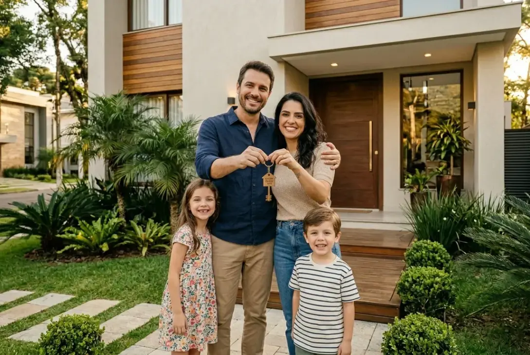 Uma família feliz de quatro pessoas (pai, mãe, filha e filho) está de pé no pátio da frente de sua nova e moderna casa de luxo de dois andares. O pai e a mãe estão sorrindo, segurando juntos um molho de chaves com um chaveiro em forma de casa com a inscrição "HOME". A filha, de vestido floral, e o filho, de camisa listrada, também estão sorrindo na frente. O jardim é bem cuidado, com palmeiras, folhagens tropicais e um caminho de pedras com grama. A casa tem revestimento de madeira e paredes de concreto. (imóveis em Pelotas)