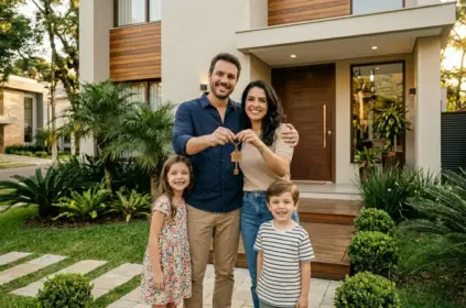 Uma família feliz de quatro pessoas (pai, mãe, filha e filho) está de pé no pátio da frente de sua nova e moderna casa de luxo de dois andares. O pai e a mãe estão sorrindo, segurando juntos um molho de chaves com um chaveiro em forma de casa com a inscrição "HOME". A filha, de vestido floral, e o filho, de camisa listrada, também estão sorrindo na frente. O jardim é bem cuidado, com palmeiras, folhagens tropicais e um caminho de pedras com grama. A casa tem revestimento de madeira e paredes de concreto. (imóveis em Pelotas)
