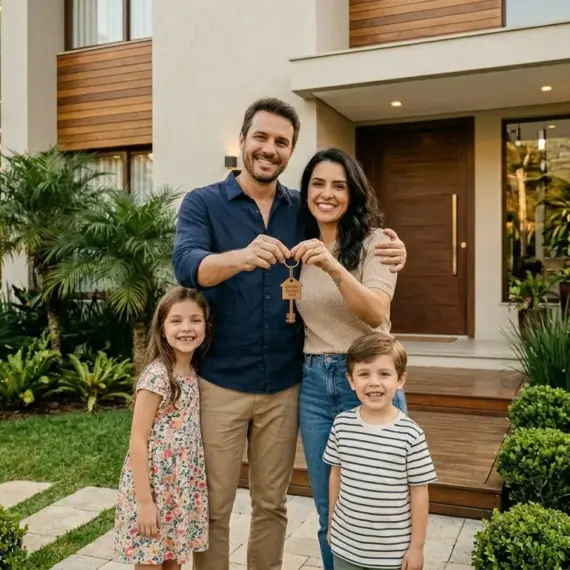 Uma família feliz de quatro pessoas (pai, mãe, filha e filho) está de pé no pátio da frente de sua nova e moderna casa de luxo de dois andares. O pai e a mãe estão sorrindo, segurando juntos um molho de chaves com um chaveiro em forma de casa com a inscrição "HOME". A filha, de vestido floral, e o filho, de camisa listrada, também estão sorrindo na frente. O jardim é bem cuidado, com palmeiras, folhagens tropicais e um caminho de pedras com grama. A casa tem revestimento de madeira e paredes de concreto. (imóveis em Pelotas)