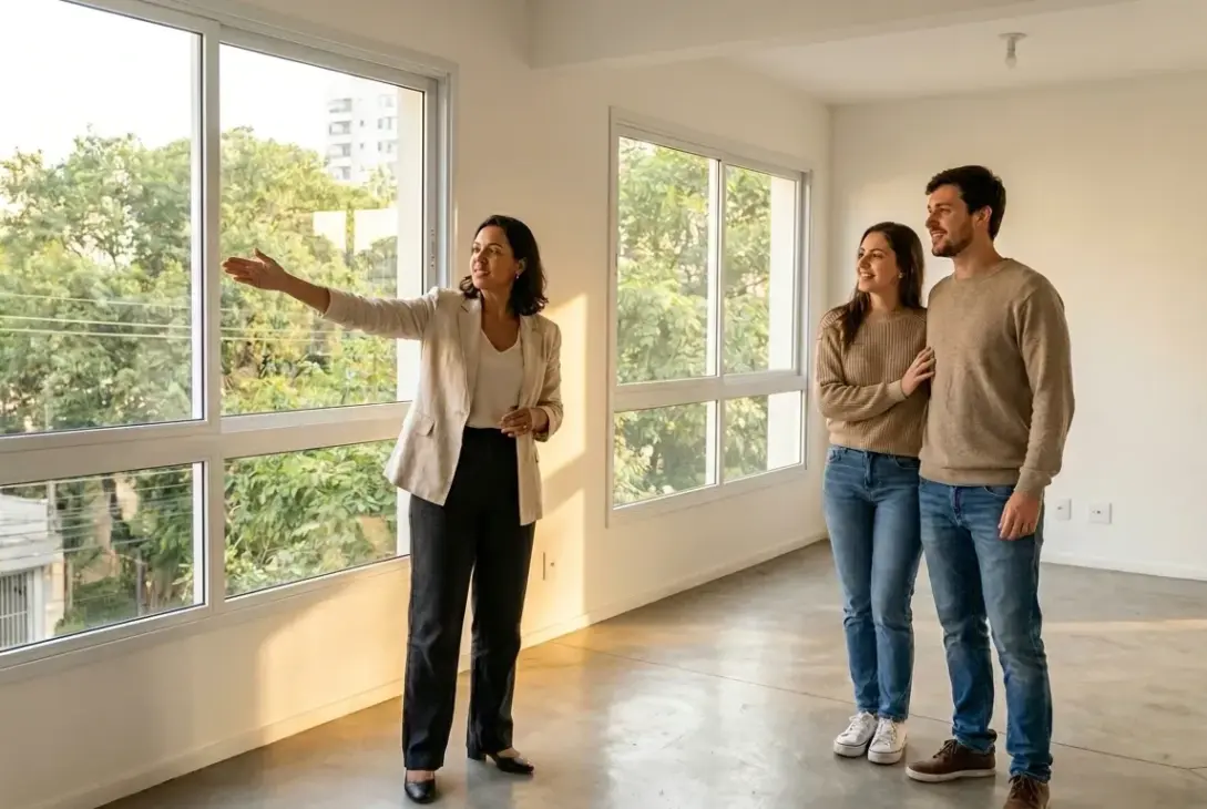 Dentro de um apartamento amplo, iluminado e completamente vazio, uma corretora de imóveis vestindo blazer bege e calça escura está em pé apontando com a mão em direção a uma grande janela de correr, mostrando a vista externa para o casal. À direita, um jovem casal — o homem de suéter bege e a mulher de blusa de tricô cinza, ambos usando calça jeans — observa atentamente a explicação com sorrisos e expressões de forte interesse. O imóvel possui paredes brancas e um piso de cimento queimado polido que reflete a luz solar. (imóveis para locação pelotas)