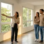 Dentro de um apartamento amplo, iluminado e completamente vazio, uma corretora de imóveis vestindo blazer bege e calça escura está em pé apontando com a mão em direção a uma grande janela de correr, mostrando a vista externa para o casal. À direita, um jovem casal — o homem de suéter bege e a mulher de blusa de tricô cinza, ambos usando calça jeans — observa atentamente a explicação com sorrisos e expressões de forte interesse. O imóvel possui paredes brancas e um piso de cimento queimado polido que reflete a luz solar. (imóveis para locação pelotas)