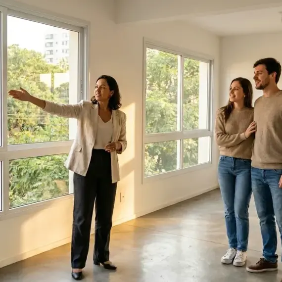 Dentro de um apartamento amplo, iluminado e completamente vazio, uma corretora de imóveis vestindo blazer bege e calça escura está em pé apontando com a mão em direção a uma grande janela de correr, mostrando a vista externa para o casal. À direita, um jovem casal — o homem de suéter bege e a mulher de blusa de tricô cinza, ambos usando calça jeans — observa atentamente a explicação com sorrisos e expressões de forte interesse. O imóvel possui paredes brancas e um piso de cimento queimado polido que reflete a luz solar. (imóveis para locação pelotas)